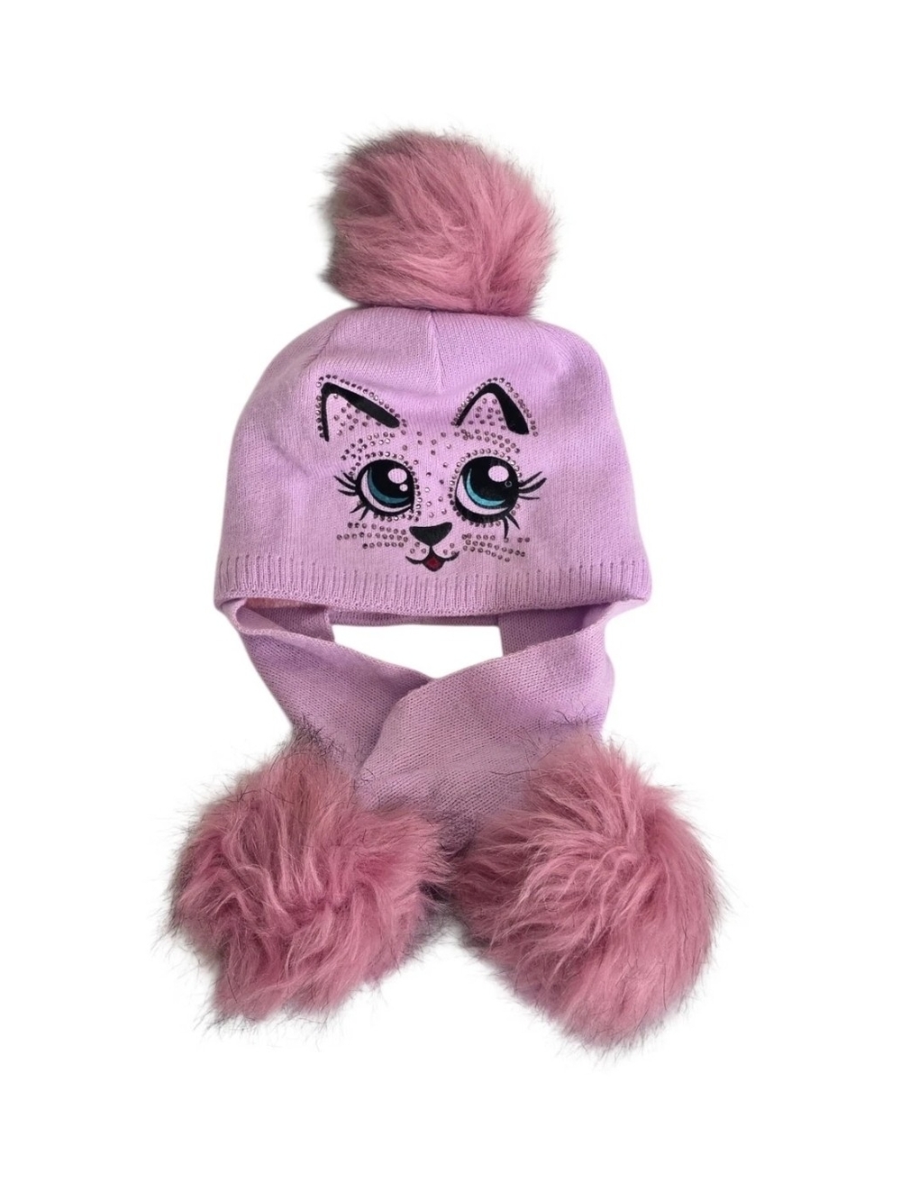 Toddler Girls Purple Cat Winter Hat Faux Fur Pom Pom Ear Flaps Rhinestones